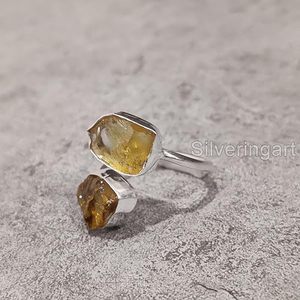 Bague pour femme en argent sterling 925, pierre précieuse citrine naturelle, pierre de naissance de novembre, double pierre, bijoux faits à la main pour Noël - Product Image 2