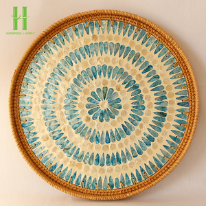 Bandeja redonda de bambú Vintage rústica Bohemia ecológica hecha a mano de alta calidad, incrustaciones de nácar, uso de cocina, decoración del hogar, Vietnam - Product Image 4