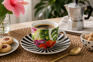 Juego de 6 tazas de espresso con platillo, 900 ml, porcelana, duraderas, estilo tropical chic de Excelsa Luxury, resistentes al calor, redondas - Product Image 4