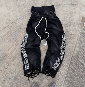<b>Men's</b> Black Ripped Sweatpants With <b>White</b> Graphic Print Elastic Waist Drawstring Street Style Autumn Casual Pants - Product Image 1