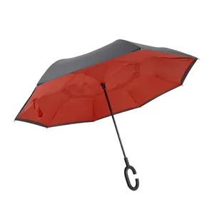 Chinese wholesales Windproof double layered Customer Customized Printing C handle Straight Reverse Umbrella