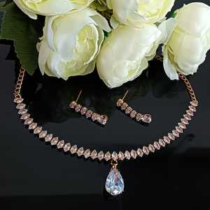 Tannis indio oro rosa CZ cristal gargantilla boda collar conjunto con pendientes colgantes joyería de moda india para mujer - Product Image 1