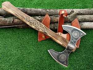 โทมาฮอว์กเหล็กดามัสกัสเกรดอุตสาหกรรมแบบหัวสองด้านทำด้วยมือมีดีไซน์สลักเครื่องมือล่าสัตว์ตั้งแคมป์ - Product Image 2