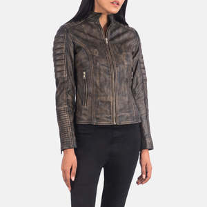 Adalyn Ladies Quilted Distressed Brown Leather Biker <b>Jacket</b> Winter <b>Western</b> Bomber Style Fringed Custom Polyester Cotton XL - Product Image 6