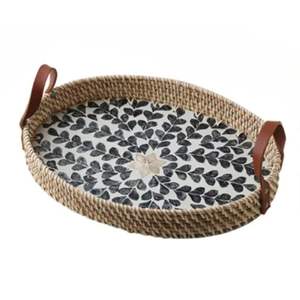 Best Selling Rattan MOP Inlay Serving <b>Tray</b> Oval Shape With Leather Handle for Table Top and Kitchen Ware Items in Vietnam - Product Image 3