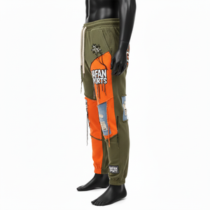 Pantalon de jogging pour homme en molleton de coton premium 300 GSM avec empiècements en denim olive orange et logo brodé personnalisé, pantalon pour homme lavé - Product Image 3