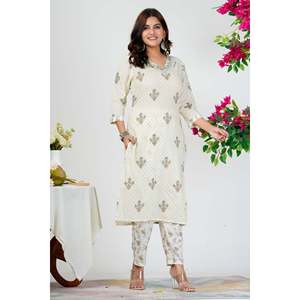 Conjunto de Kurta Floral de Chifón con Dupatta y Mangas 3/4 - Elegante Color Blanco Hueso - Product Image 6