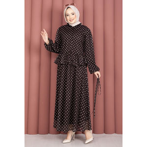 Lady's Coffee Chiffon 2-Piece Outfit Ruffled <b>Skirt</b> Polka Dot Blouse Loose Fit Short Length Tops Cropped XL for Spring/Summer - Product Image 5