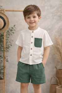 ชุดเสื้อเชิ้ตและกางเกงขาสั้นผ้าลินินสำหรับเด็กผู้ชาย |   ชุดผ้าฝ้ายลินินระบายอากาศสำหรับเด็ก สีเขียวและสีขาว พร้อมชุดเซ็ตมีกระเป๋า - Product Image 4
