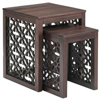 Ensemble de 2 tables d'appoint rondes en bois massif style ferme, sculptées CNC, écologiques, pour salon - Offre spéciale