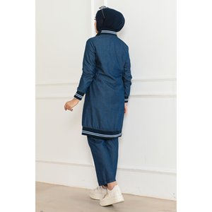 ชุดเซ็ตสองชิ้นผ้ายีนส์สีน้ำเงินเข้มแบบมีริบบิ้น สำหรับผู้หญิง ทรงขาบาน เสื้อลำลองเข้ารูป กางเกงขาสั้นทรงสกินนี่ ไซส์ XS/XXS สำหรับฤดูร้อนหรือฤดูใบไม้ร่วง - Product Image 4