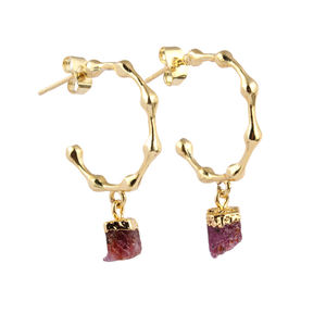 Wholesale Fashion Minimalist Birthstone Hoop Stud <b>Earrings</b> Uncut Raw Tourmaline Gold Gold Electroplated <b>Drop</b> <b>Earrings</b> for Women - Product Image 1