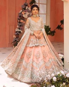 2023 nueva moda india bordado pesado Peplum Lehenga vestido de seda nupcial cristal Beadssstone Dabka trabajo pesado adornado - Product Image 1