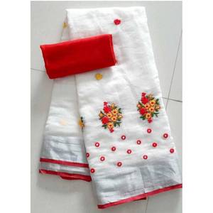 Blanco puro Lino Slub Sari bordado a mano espejo India trabajo pesado borlas contraste blusa a juego festivales indios fiestas - Product Image 1