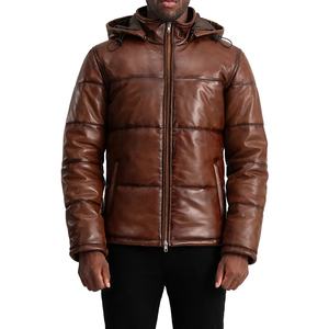 Unisex Genuine Leather Puffer Jacket With Stand Collar Breathable Quilted Design <b>Winter</b> Hooded Zipper Closure OEM Service - Product Image 2