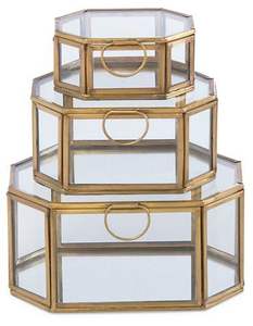 Set Of 3 Metal And <b>Glass</b> <b>Jewelry</b> <b>Box</b> With Clear <b>Glass</b> Sides Gold Metal Frame Use For Home - Product Image 1