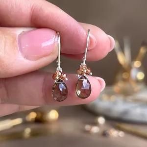 Boucles d'oreilles ovales en topaze fumée et citrine champagne, ton neutre, style décontracté, en argent sterling 925, style minimaliste, cadeau chaleureux - Product Image 4