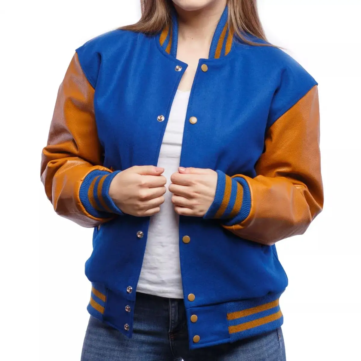 2023 Customized Varsity Letterman Jackets Leather Sleeves Bomber Safari Jacket Wool Body Royal Blue with Golden Yellow Women