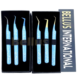 Pinzas de extensión de pestañas de acero inoxidable hechas a mano de marca personalizada, tipos de puntas múltiples con purpurina azul para salón y uso doméstico - Product Image 6