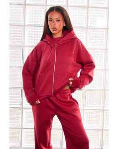 Chándal Largo con Capucha y Cremallera, Color Rojo Oscuro, para Mujer, en Nailon/Algodón, con Logotipo Bordado en Relieve - Product Image 1