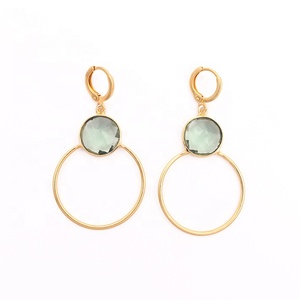 Boucles d'oreilles pendantes en améthyste verte avec pierres précieuses plaqué or forme ronde à facettes Style cerceau bijoux de mode - Product Image 1