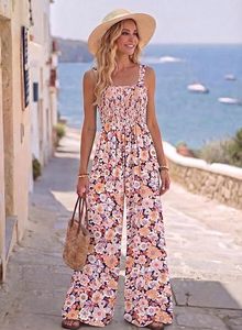 Combinaison en mousseline de soie à imprimé floral pour femmes, sans manches, taille haute, coupe ample, longueur intégrale, style bohème, vêtements de plage printemps été - Product Image 1