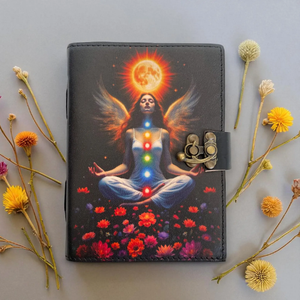 Imprimé Méditation Déesse Journal En Cuir Soleil Chakra Journal Et Fermoir En Laiton Papier À Dessin À La Main Carnet À Couverture Rigide Spirituel - Product Image 2