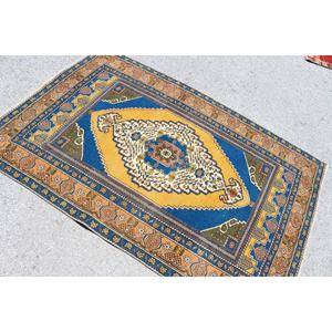 Tapis d'appoint vintage 3,8x5,7 pieds, tapis en laine patchwork bleu turc - Product Image 3