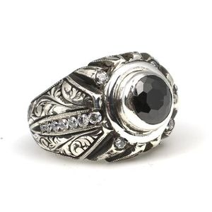 <b>925</b> Sterling <b>Silver</b> Men's <b>Ring</b> Turquoise Onyx Zircon Stones Hand-Engraved Bezel Setting Rhodium for Everyday Wear Certified IGI - Product Image 2