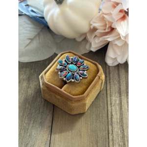 Southwest Handmade Mohave Turquoise <b>Sterling</b> <b>Silver</b> <b>Adjustable</b> Inlay Cluster <b>Ring</b> - Product Image 3