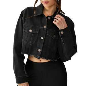 Chaqueta vaquera transpirable con botones de los fabricantes OEM, chaqueta vaquera corta con bolsillo delantero de lavado de alta calidad para mujer - Product Image 1