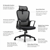 Chaise de bureau ergonomique moderne en tissu PU, hauteur réglable, dossier haut en mousse, support lombaire, base en aluminium, accoudoirs pivotants réglables