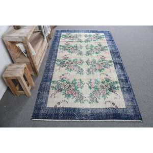 Alfombra de 3.9x6.6 pies, alfombra turca vintage, alfombra con motivos de plantas y árboles en azul y verde - Product Image 1