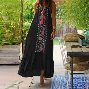 Vestido Largo Maxi Bordado a Mano de Lana, Estilo Africano Informal, de Rayón/Algodón con Cuentas, para Playa, con Volantes, Diseño Corto - Product Image 2