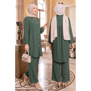 Conjunto de Hiyab Informal Color Caqui con Botones y Espalda Plisada, Tela Crepé Transpirable de Manga Larga para Mujer, Todas las Temporadas - Product Image 2