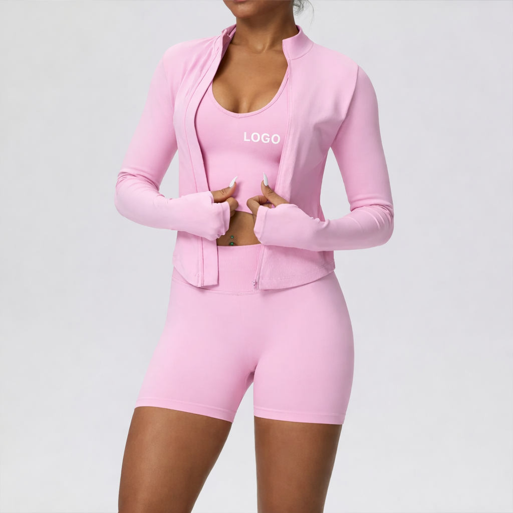 Women Solid Plus Size Seamless 3 Piece Workout Set Long Sleeve Crop Jacket High Waist Shorts Yoga Fitness Activewear