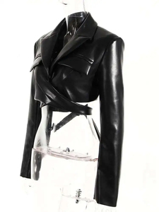 Otoño 2025 moda mujer PU cuero abrigo corto ajustado Cruz encaje cintura manga larga chaqueta solapa cuello sólido fino XL para primavera - Product Image 3