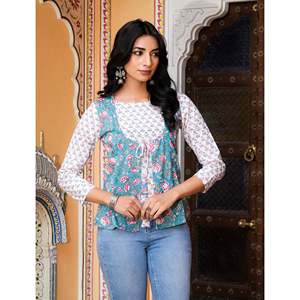 Top de punto para mujer, azul marino, de algodón, estampado a mano - Product Image 1