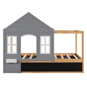 Lit à baldaquin en forme de maison de taille jumelle pour enfants toit noir et fenêtre blanche tableau noir gris petite étagère lit superposé en bois OEM disponible - Product Image 5