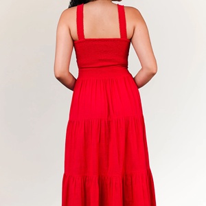 Robe midi en coton rouge pour femme, respirante, élégante, col carré, style modeste, tailles XS-XL, longueur genou, pour la journée - Product Image 2