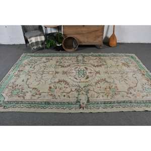 Alfombra turca Vintage de 5,6x9,2 pies, verde, Beige, tejido plano, patrón de retazos de lana para decoración para sala de estar, uso de pasillo, respaldo de látex - Product Image 2