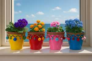 Pot de fleurs décoratif en plastique NF Lauren Blue Pom Pom, style bohème, décoré à la main, pour plantes de bureau, marque privée. - Product Image 3