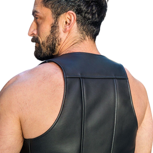 Gilet en fausse fourrure audacieux bleu printemps, réversible, imperméable, sans col, style bar Dark Room Berlin, bretelles élégantes, décontracté chic, coupe-vent - Product Image 3