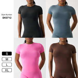 SK0712, Camiseta de cuello redondo sin costuras para mujer, camiseta de compresión de Fitness de manga corta para deportes, correr y Fitness - Product Image 1