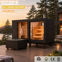 Sauna extérieur PLOUTARA avec bain froid intégré, cabane en bois noir, poêle à bois, fenêtre en verre, OEM pour villa, complexe hôtelier, spa