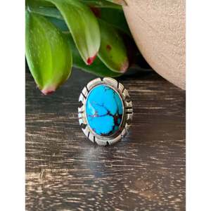 Peggy Skeets Handmade <b>Statement</b> <b>Ring</b> in Turquoise & Sterling <b>Silver</b> Bezel Set Pear Shape Size 4.5 Everyday Wear - Product Image 1