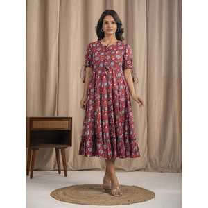 Vestido Casual de Algodón Mulmul Color Granate con Estampado a Mano, Diseño Personalizado, Cintura Natural, Transpirable, Tallas Grandes para XS, Ropa para un Día - Product Image 3