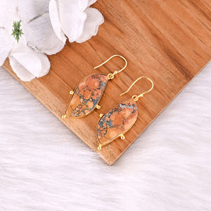 Pendientes Clásicos de Piedra Preciosa Jaspe Malinga, Pendientes Colgantes de Latón Chapado en Oro Amarillo, Estilo Moderno, Pendientes de Latón para Bodas y Fiestas - Product Image 3