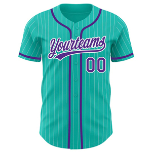 Maillot de Baseball personnalisé 100% Polyester Aqua et Violet Pinstripe Col en V Séchage rapide Uniforme d'équipe à boutons Numéro de nom personnalisé - Product Image 2