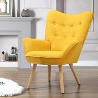 Fauteuil de loisirs moderne à dossier croisé réglable, avec cadre en fer boutonné, rembourrage en mousse, pieds en bois et revêtement en velours jaune pour salon